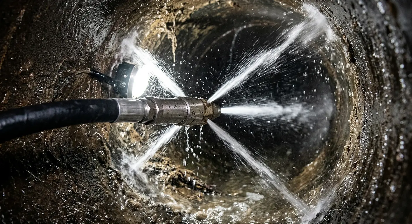 High-pressure hydro jetting nozzle cleaning sewer pipe for Emergency Drain Service in Hoover