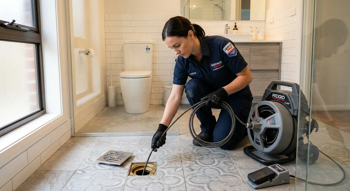 Technician clearing a bathroom floor drain for Clogged Drain Repair in Hoover